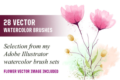 28 Vector Brushes - Adobe Illustrator Watercolor Painting - How to draw Grunge Vector Flowers and Leaves